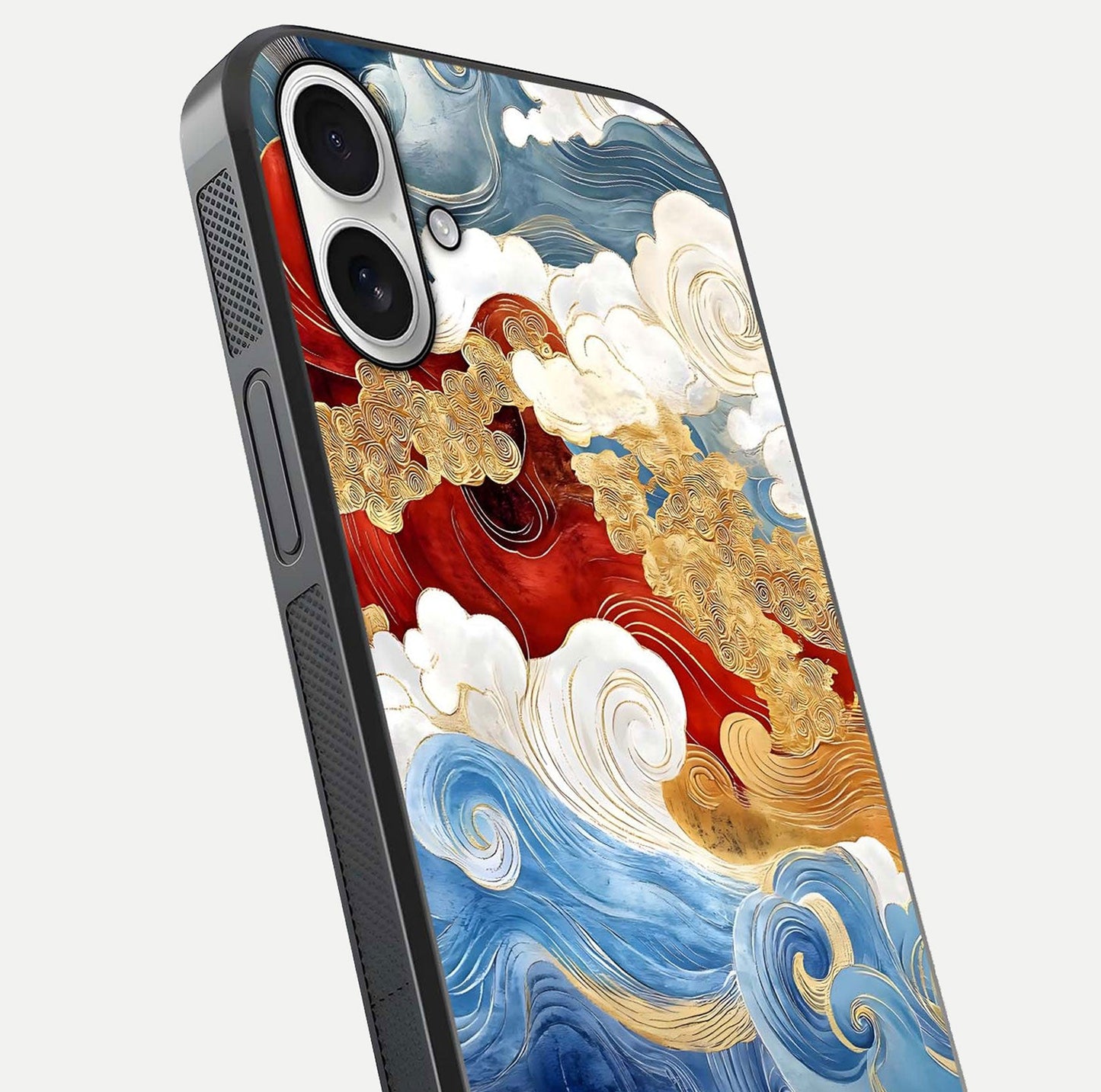 Colored Waves Glass Case for iPhone 17 close-up angled shot highlighting gradient flow and light reflection