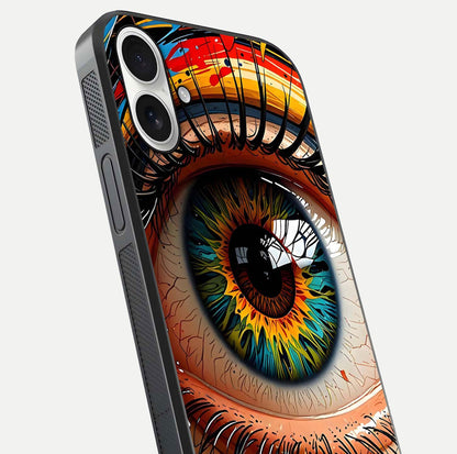 Colorful Eye Glass Case for iPhone 17 close-up highlighting eye pattern detail and reflection shine