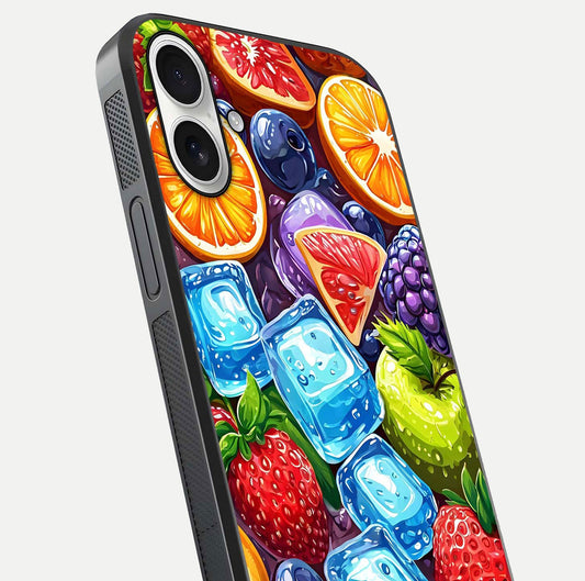 Colorful Fruits with Ice Glass Case for iPhone 17 close-up highlighting fruit color and reflection glow