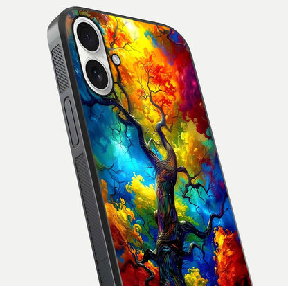 Colorful Tree Glass Case for iPhone 17 close-up highlighting leaf detail, gradient colors, and shine