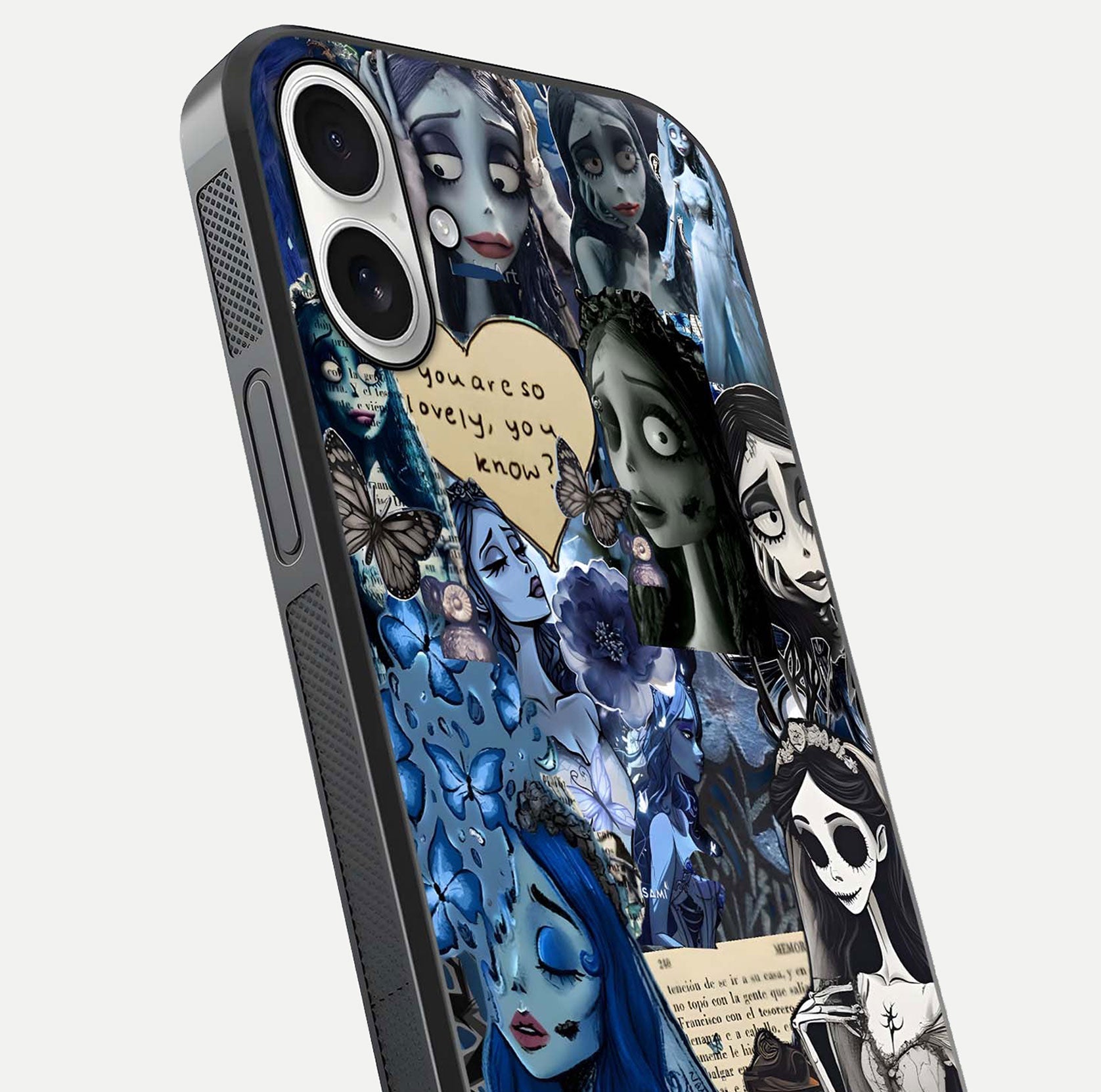 Corpse Bride Posters Glass Case for iPhone 17 close-up highlighting detailed artwork and reflection polish