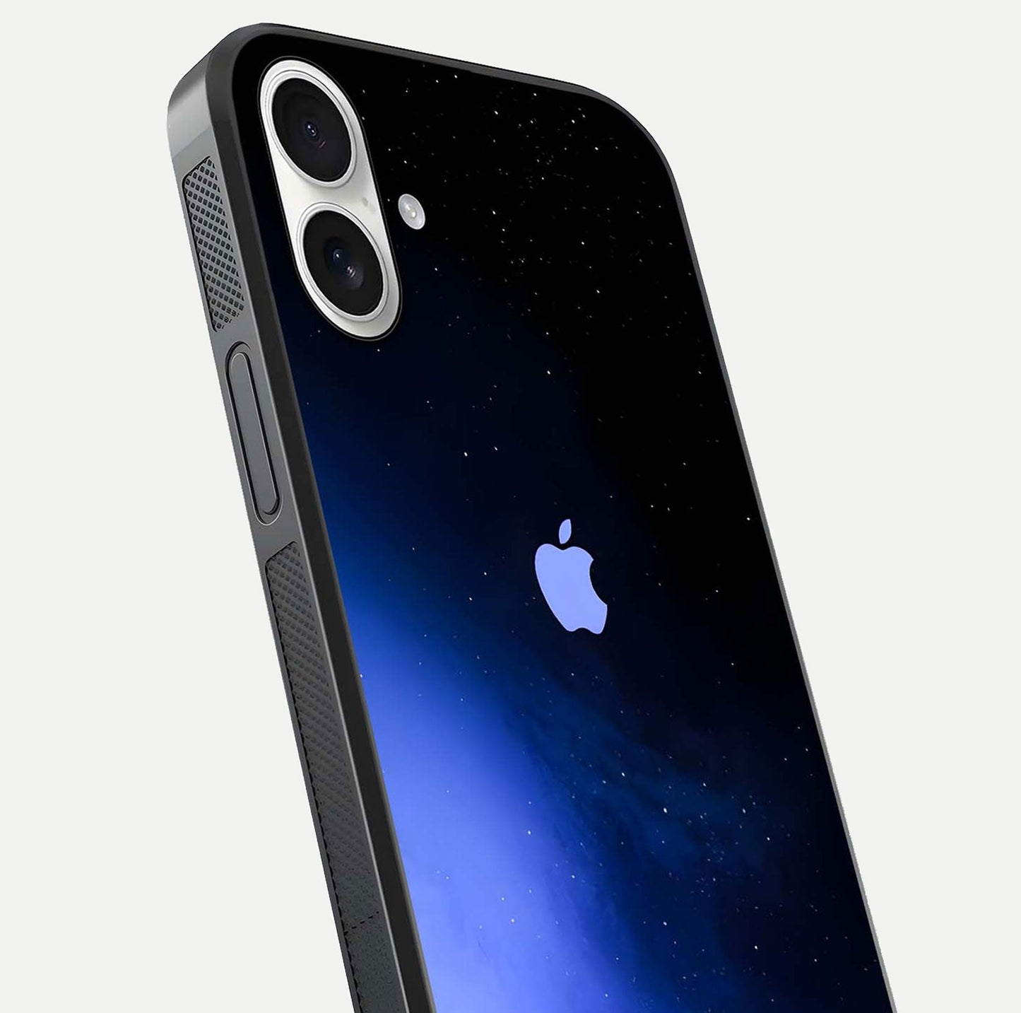 Cosmic Blue Apple Glass Case for iPhone 17 close-up highlighting galaxy pattern, shine, and reflection detail