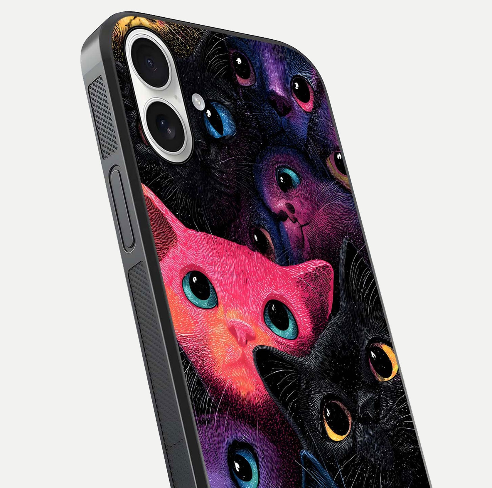 Cosmic Cats Dreams Glass Case for iPhone 17 close-up highlighting cats and cosmic glow reflection