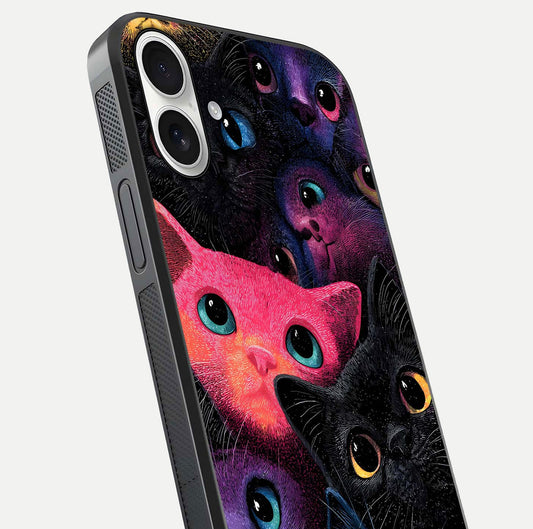 Cosmic Cats Dreams Glass Case for iPhone 17 close-up highlighting cats and cosmic glow reflection