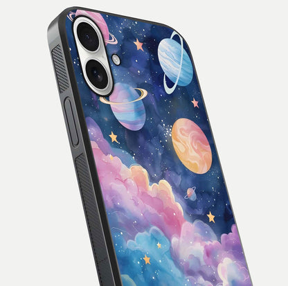 Cosmic Planet Dreams Glass Case for iPhone 17 close-up highlighting planetary details and reflection glow