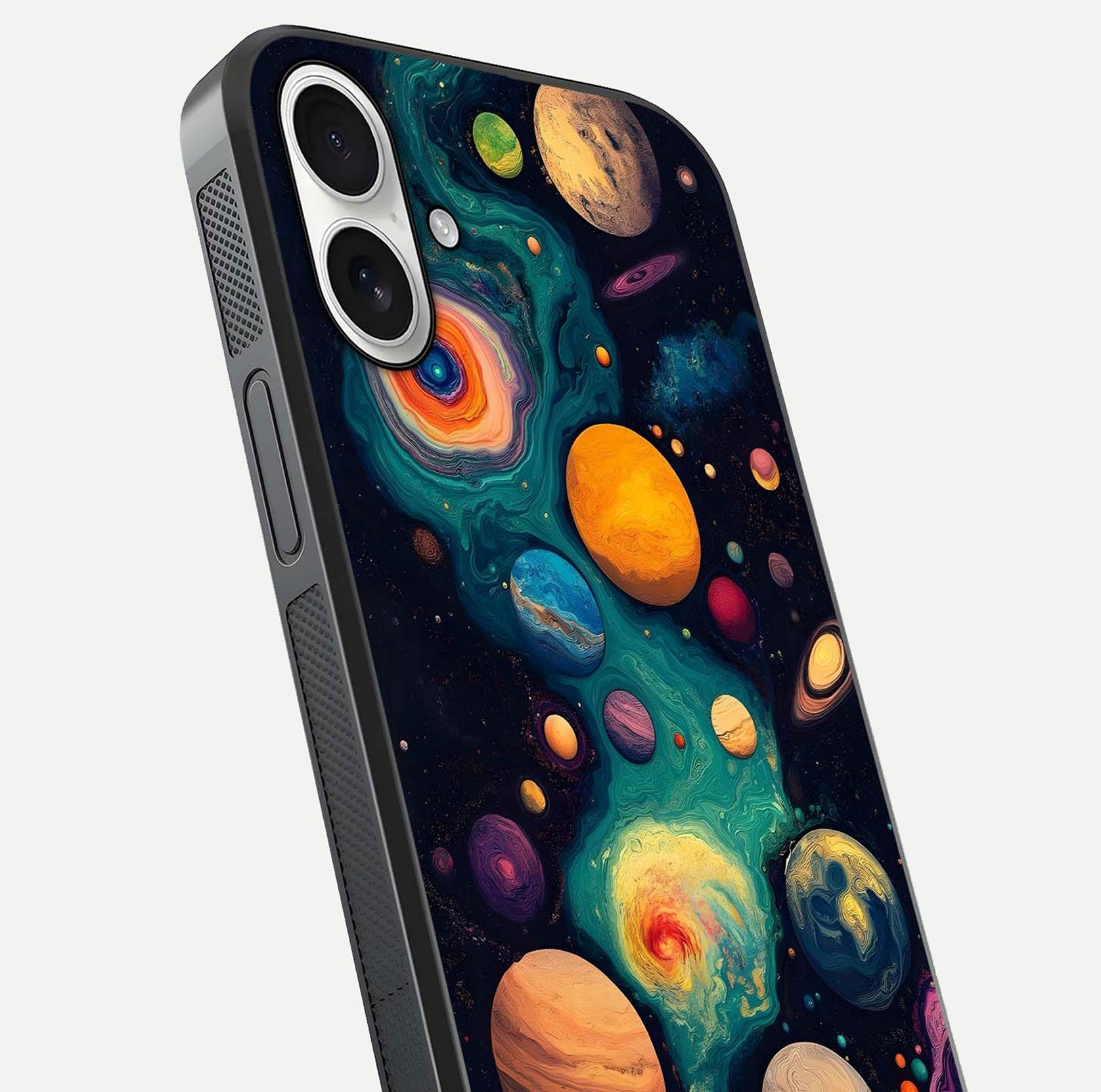 Cosmic Planet Journey Glass Case for iPhone 17 close-up highlighting planets, stars, and shine reflection