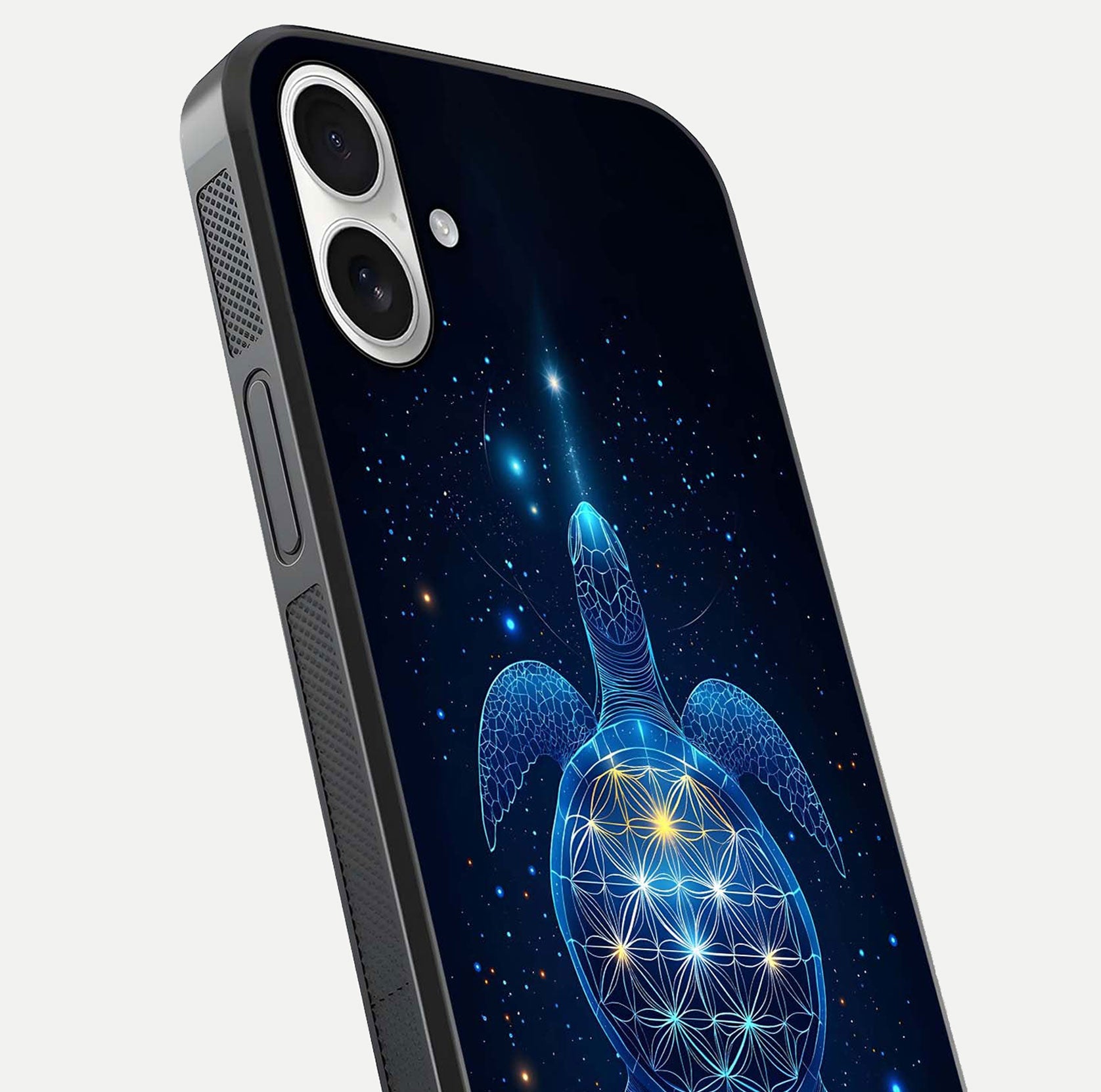 Crimson Blue Turtle Glass Case for iPhone 17 close-up highlighting turtle shell detail and shine reflection