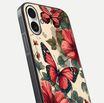 Crimson Butterfly Garden Glass Case for iPhone 17 close-up showing wing detail and reflection shine