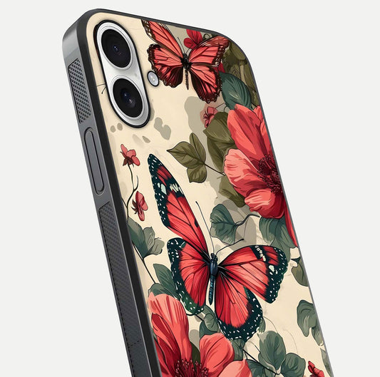 Crimson Butterfly Garden Glass Case for iPhone 17 close-up showing wing detail and reflection shine