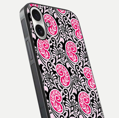 Crimson Paisley Charm Glass Case for iPhone 17 close-up highlighting fine pattern detail and reflection tone