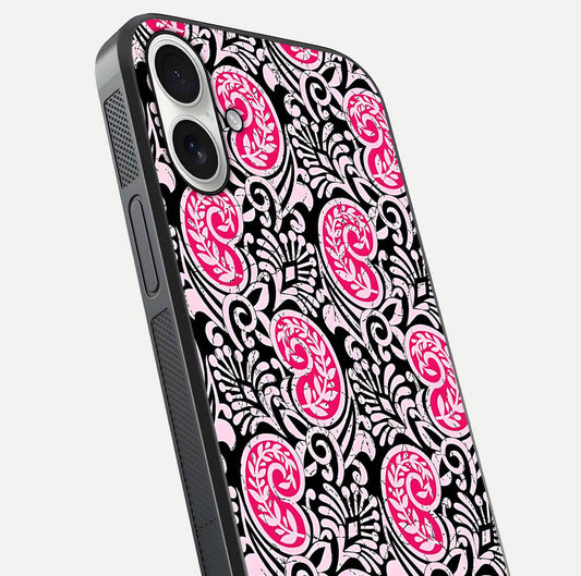 Crimson Paisley Charm Glass Case for iPhone 17 close-up highlighting fine pattern detail and reflection tone