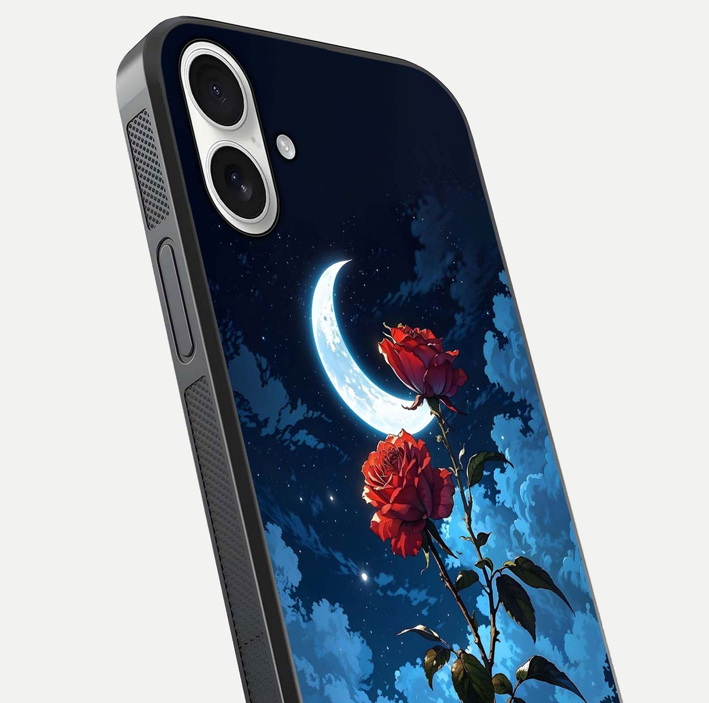 Crimson Rose Moon Glass Case for iPhone 17 close-up showing rose detail and reflection highlight
