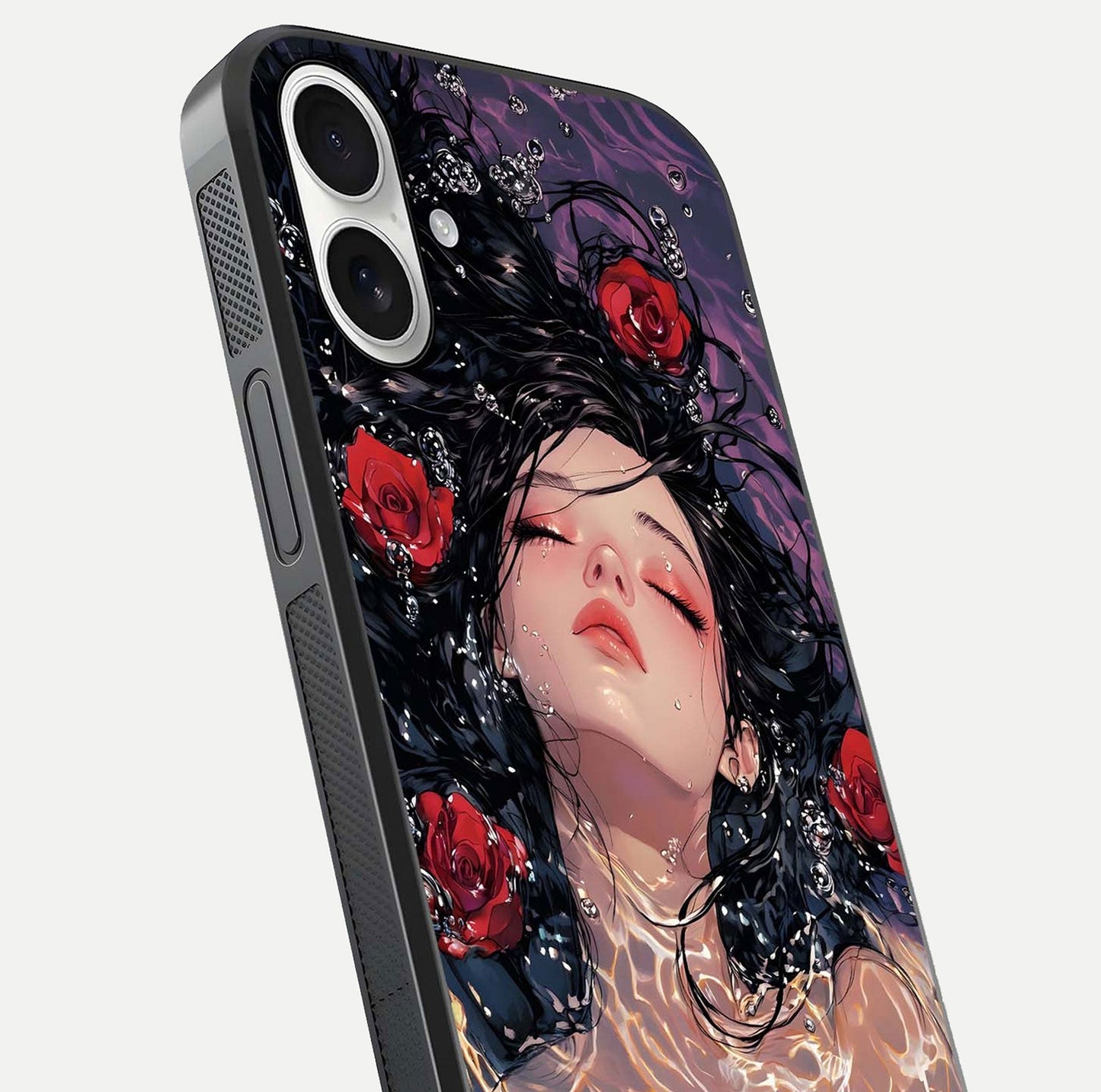 Crimson Rose Serenity Glass Case for iPhone 17 close-up highlighting rose gradient and reflection detail