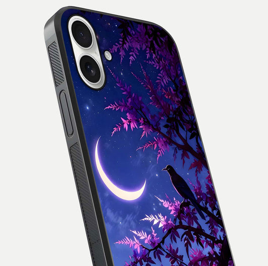 Crow & Moon Scenery Glass Case for iPhone 17 close-up highlighting moon detail, dark tones, and glass reflection