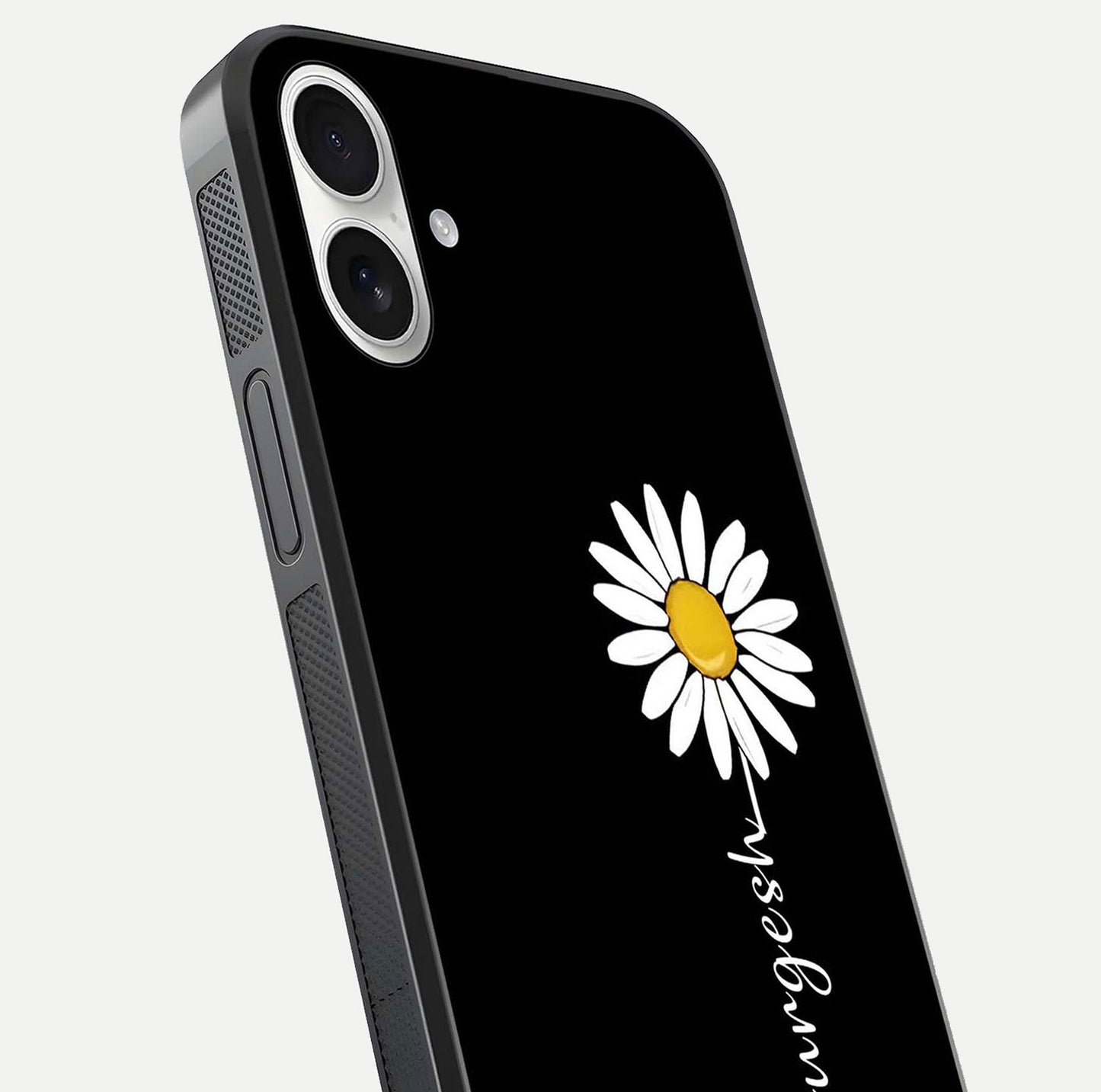 Custom Name White Flower Glass Case for iPhone 17 close-up highlighting petals, name print, and reflection polish