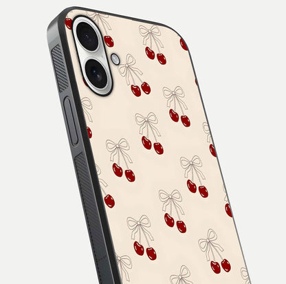 Cute Cherry Pattern Glass Case for iPhone 17 close-up showing cherry cluster details and light reflection