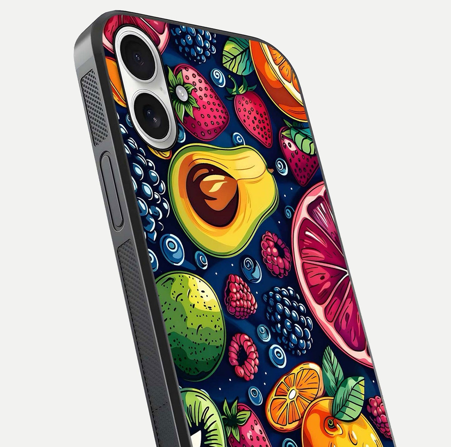 Cute Fruits Art Glass Case for iPhone 17 close-up highlighting fruit shapes, color tones, and reflection polish