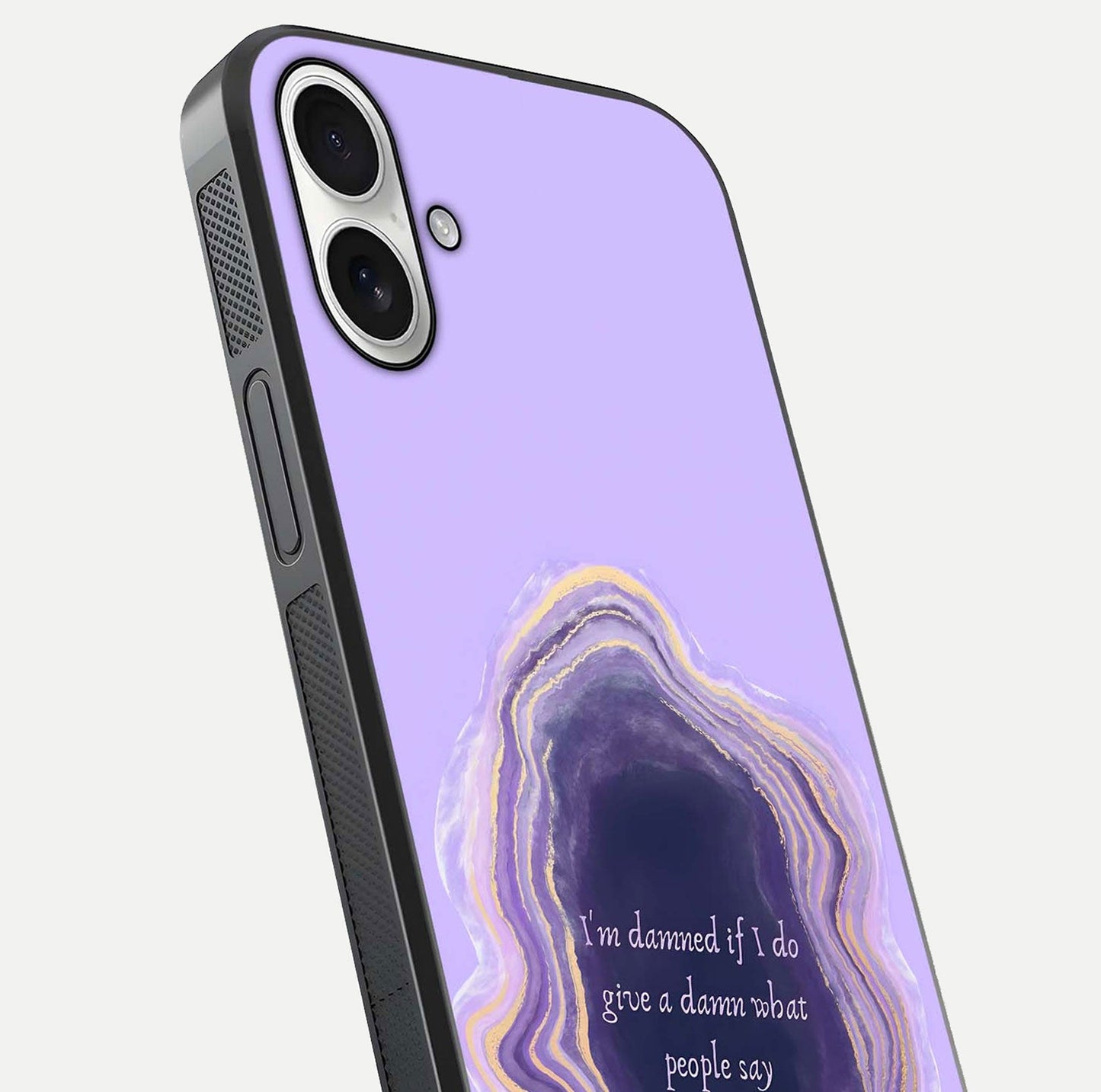 Damned People Quote Glass Case for iPhone 17 close-up highlighting quote text and reflection depth