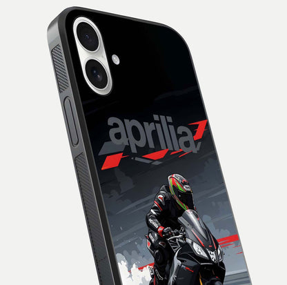 Dark Aprilla Glass Case for iPhone 17 close-up highlighting detailing and reflection effect