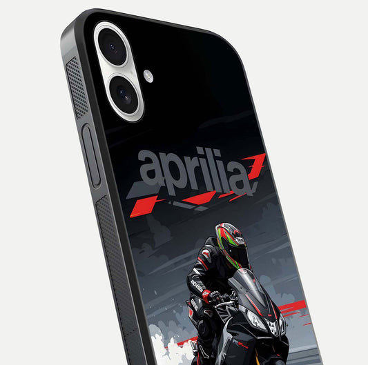 Dark Aprilla Glass Case for iPhone 17 close-up highlighting detailing and reflection effect
