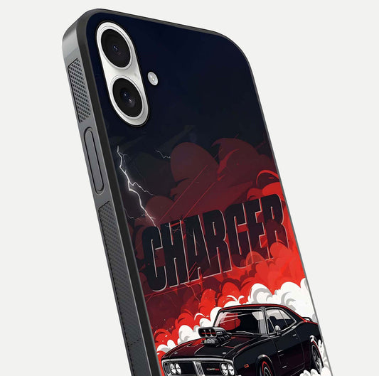 Dark Charger Fury Glass Case for iPhone 17 close-up highlighting car reflection and light gloss