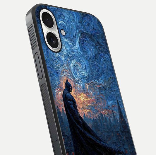 Dark Knight Dusk Glass Case for iPhone 17 close-up highlighting dark suit texture and reflection detail