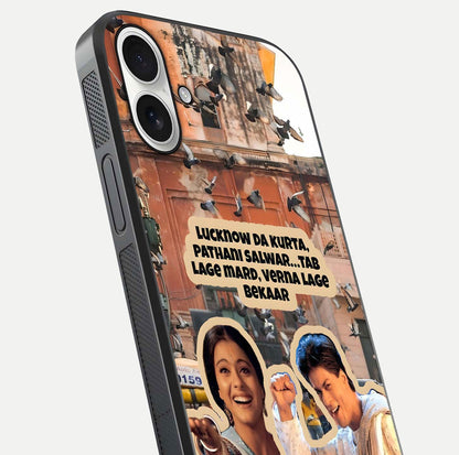 Desi Retro Vibes Glass Case for iPhone 17 close-up highlighting retro color palette and reflection glow