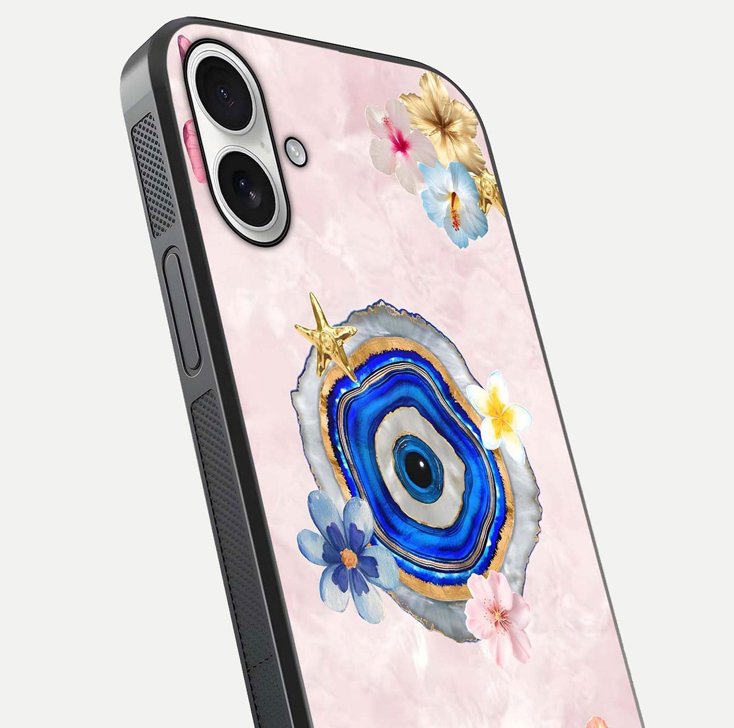Divine Aura Bloom Glass Case for iPhone 17 close-up highlighting flower glow and reflection tone