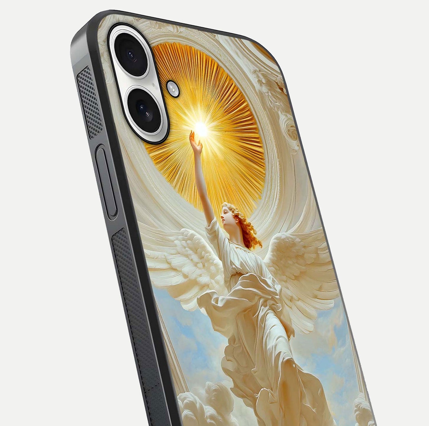 Divine Light Angel Glass Case for iPhone 17 close-up highlighting light rays and glass reflection
