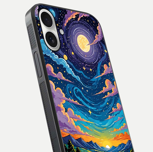 Dreamy Night Landscape Glass Case for iPhone 17 close-up highlighting stars and reflection tone
