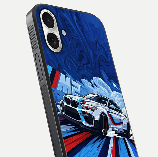 Drift Power Rush Glass Case for iPhone 17 close-up highlighting car reflection and metallic tones