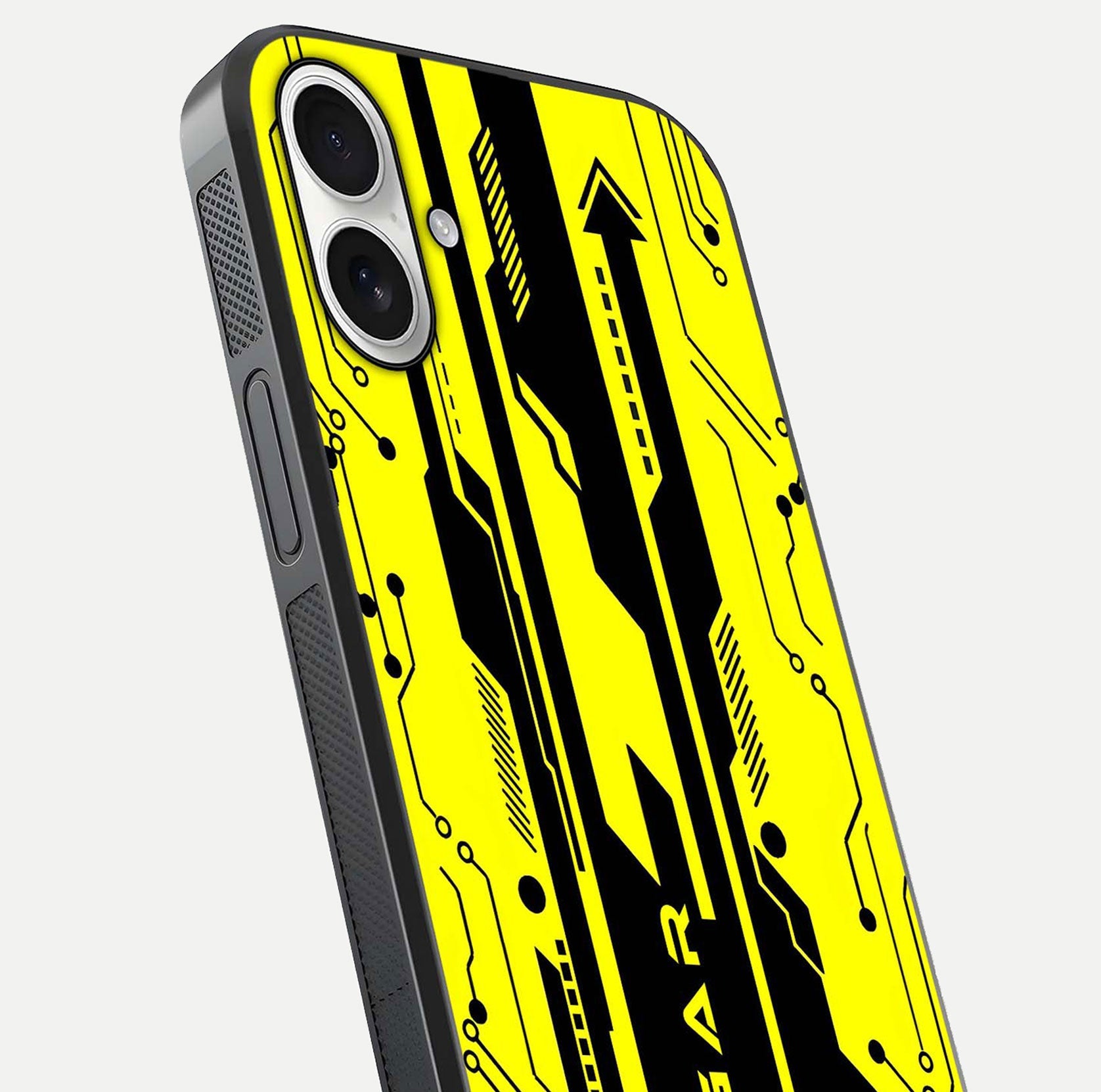 Electric Pulse CYBERPUNK Custom Name Glass Case for iPhone 17 close-up highlighting tech pattern, lighting effect, and reflection shine