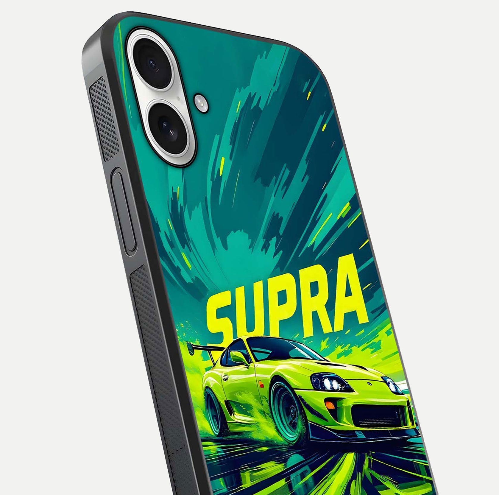 Electric Supra Thunder Glass Case for iPhone 17 close-up highlighting car reflection, neon tones, and gloss polish