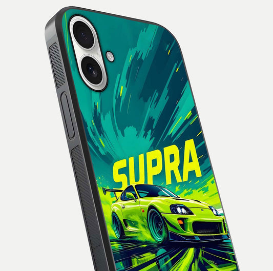 Electric Supra Thunder Glass Case for iPhone 17 close-up highlighting car reflection, neon tones, and gloss polish