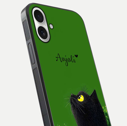 Emerald Cat Custom Name Glass Case for iPhone 17 close-up highlighting feline detail, emerald hues, and reflection polish