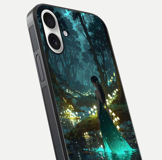 Enchanted Forest Glow Glass Case for iPhone 17 close-up highlighting trees, lights, and reflection texture
