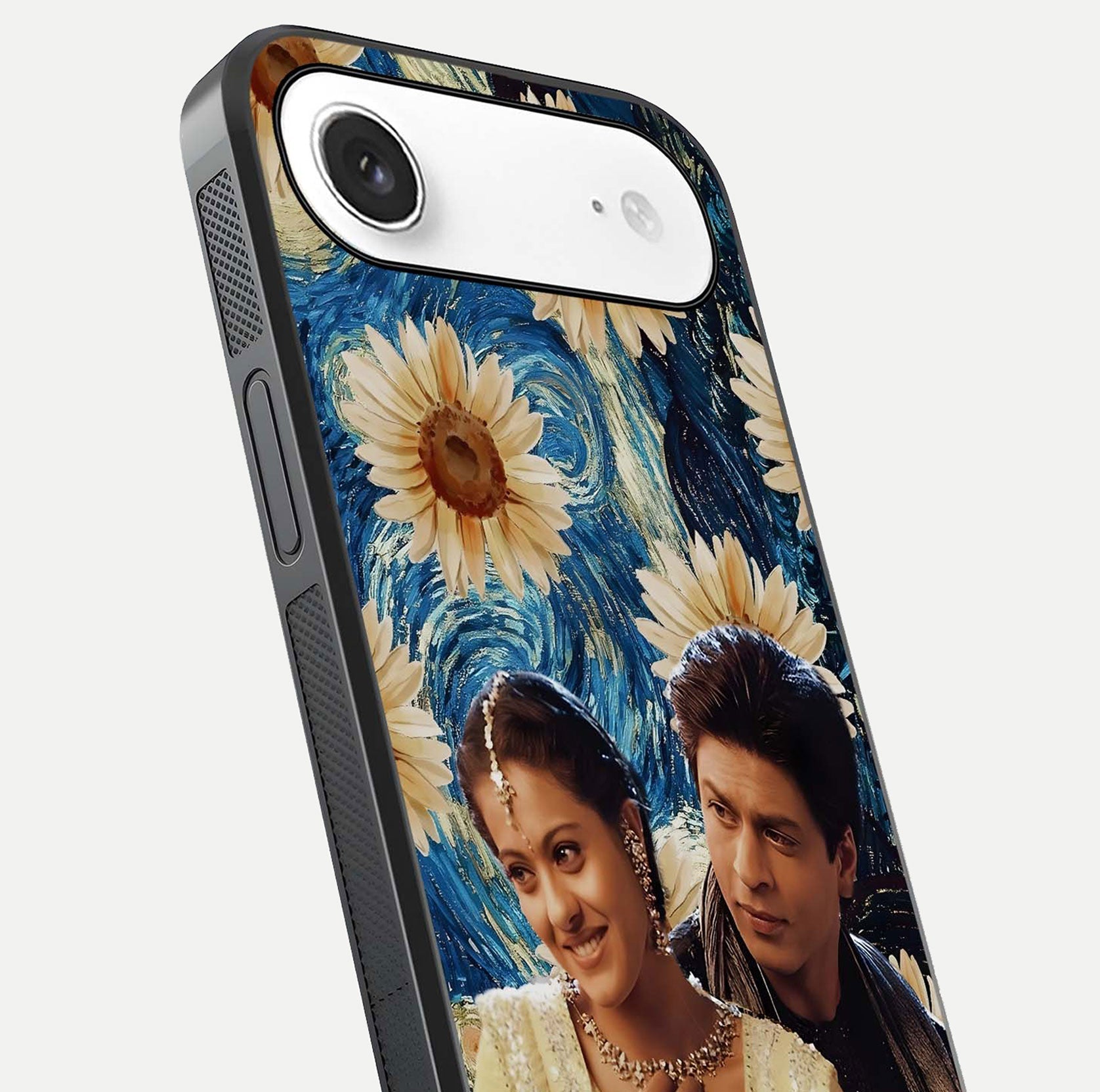 Eternal Love Story Glass Case for iPhone 17 close-up highlighting couple detail and light reflection