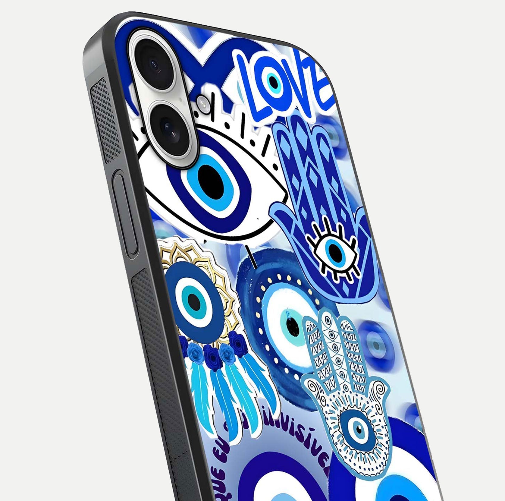Evil Eyes Dream Glass Case for iPhone 17 close-up highlighting evil-eye charm detail and light reflection on glass