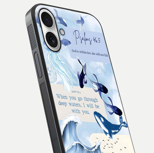 Faithful Ocean Promise Glass Case for iPhone 17 close-up highlighting water reflection and serene blue tones