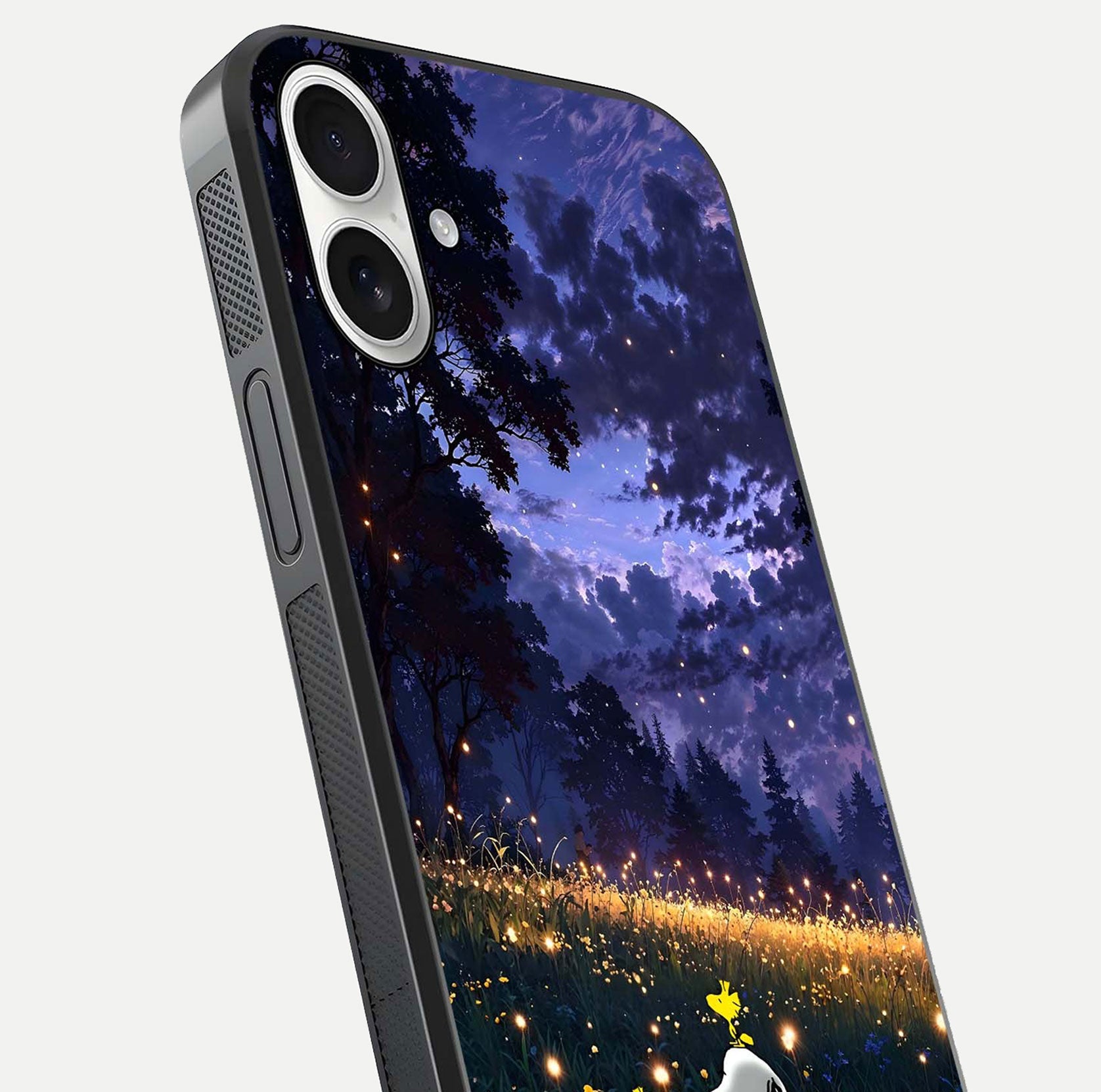 Firefly Meadow Magic Glass Case for iPhone 17 close-up highlighting luminous firefly light and reflection detail