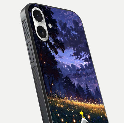 Firefly Meadow Magic Glass Case for iPhone 17 close-up highlighting luminous firefly light and reflection detail