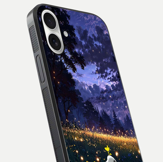 Firefly Meadow Magic Glass Case for iPhone 17 close-up highlighting luminous firefly light and reflection detail