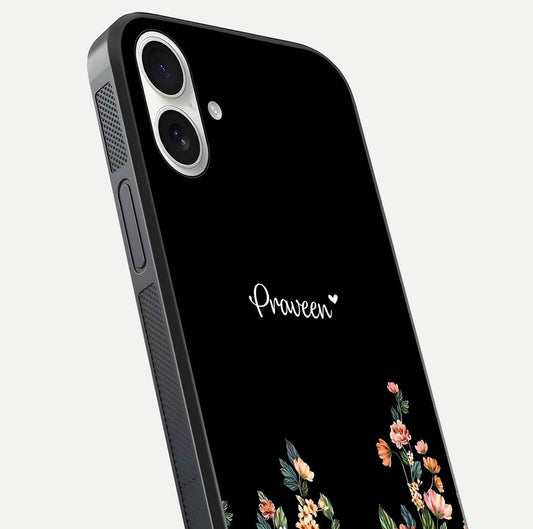 Floral Design Personalized Custom Name Glass Case for iPhone 17 close-up highlighting name clarity, petals, and gloss