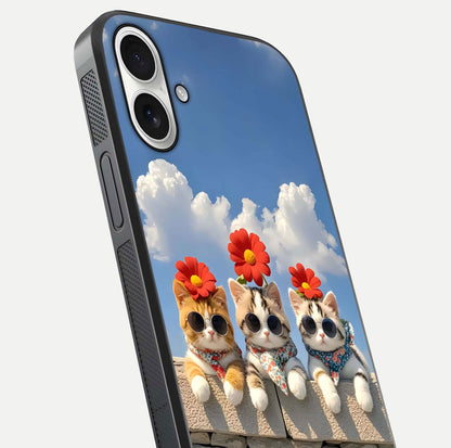 Floral Kitty Squad Glass Case for iPhone 17 close-up highlighting cat detail and flower patterns with HD shine