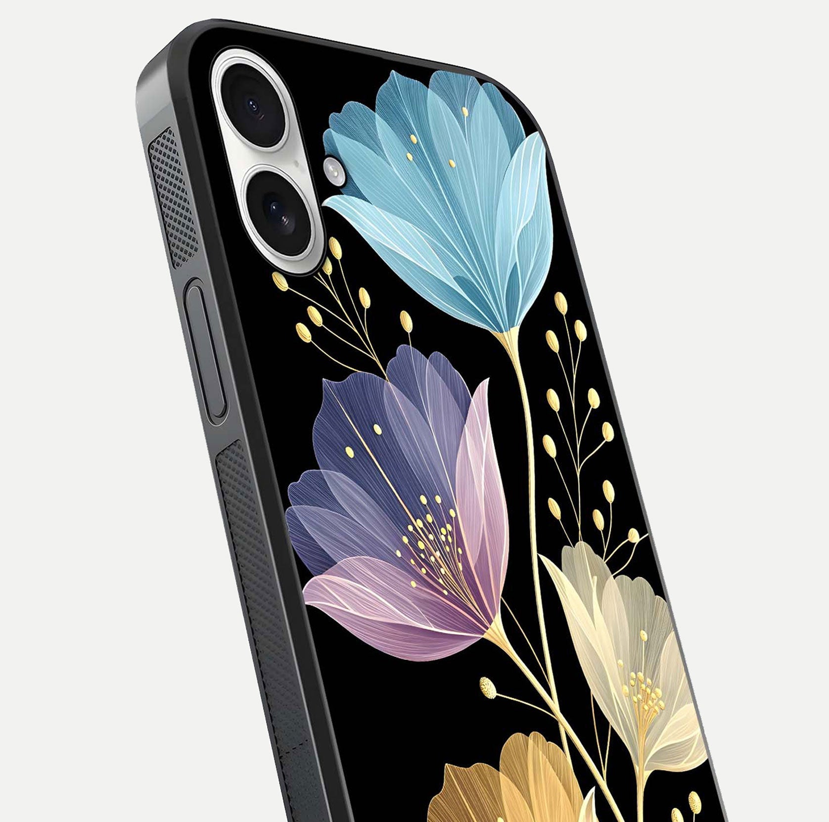 Flower Bloom Glow Glass Case for iPhone 17 close-up highlighting bloom detail and reflection polish