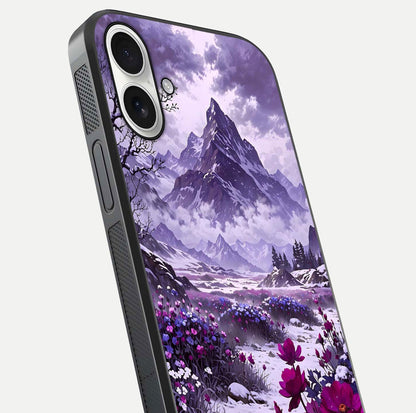 Flower Mountain View Glass Case for iPhone 17 close-up highlighting petal details and sky reflection