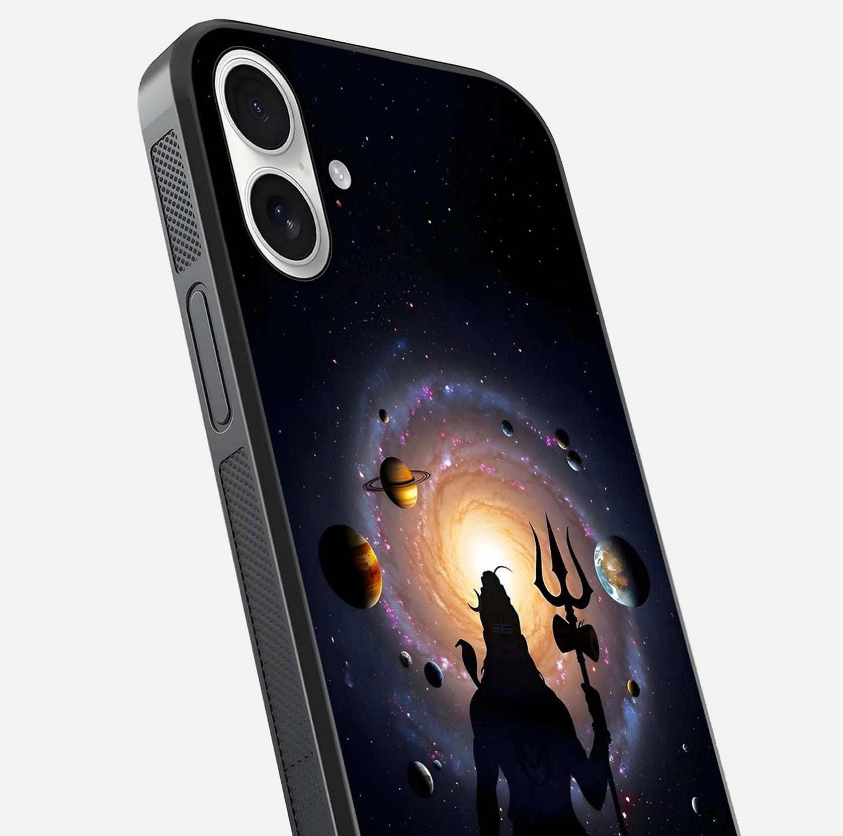 Galactic Shiva Vision Glass Case for iPhone 17 close-up angled shot highlighting divine aura, trident details, and reflection shine