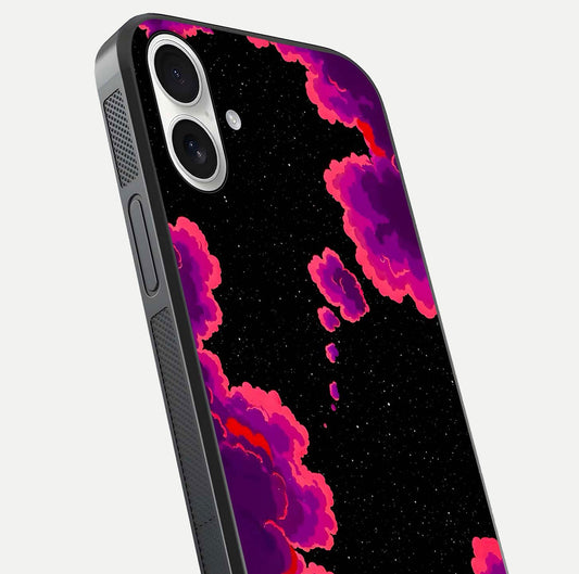 Galaxy Dream Frame Glass Case for iPhone 17 close-up angled shot showing nebula patterns and reflection glow