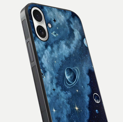 Galaxy Dream Space Glass Case for iPhone 17 close-up angled shot highlighting nebula details and reflection shine
