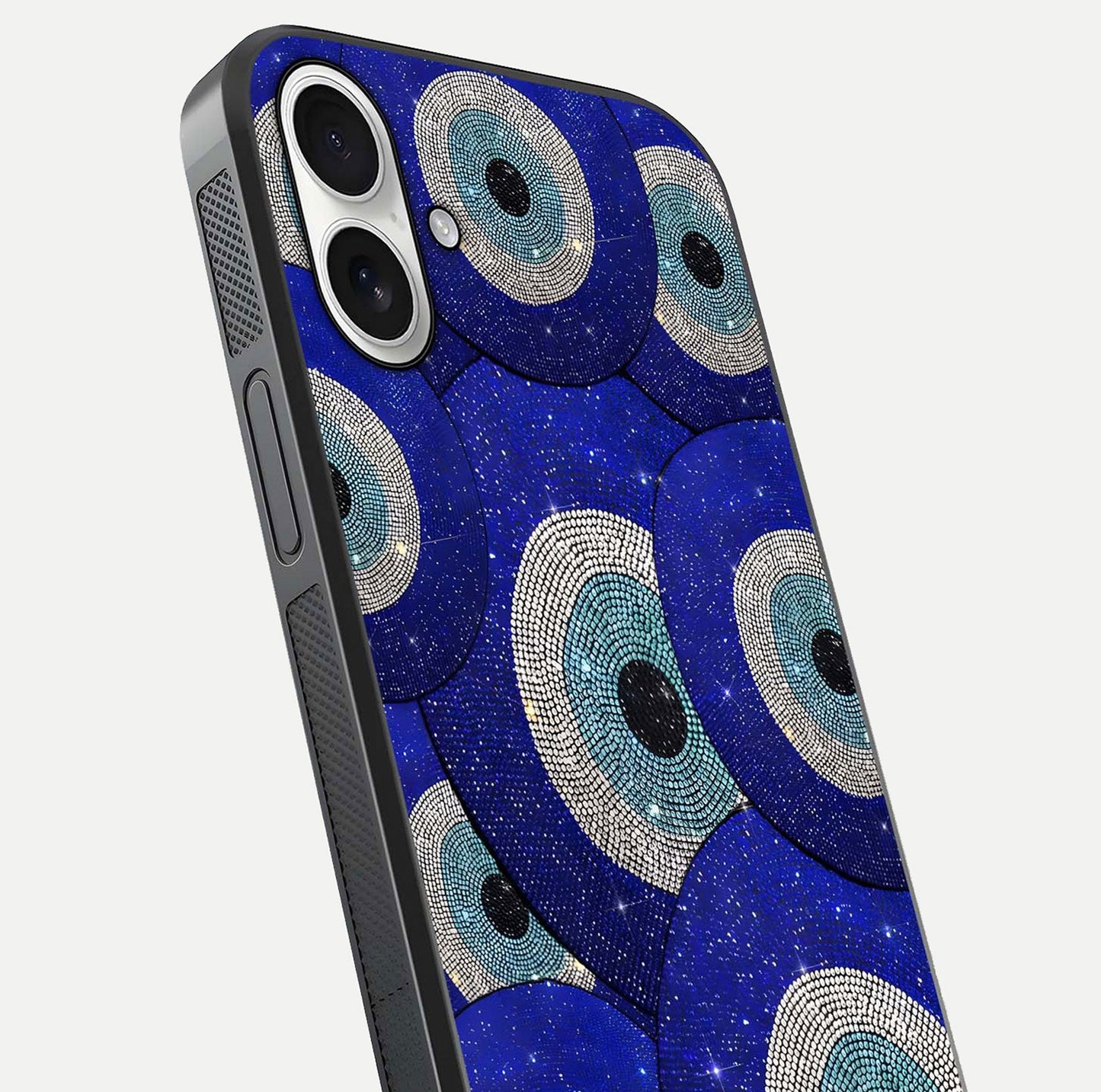 Galaxy Eye Flow Glass Case for iPhone 17 close-up angled shot showing vivid swirl detail and reflection brightness